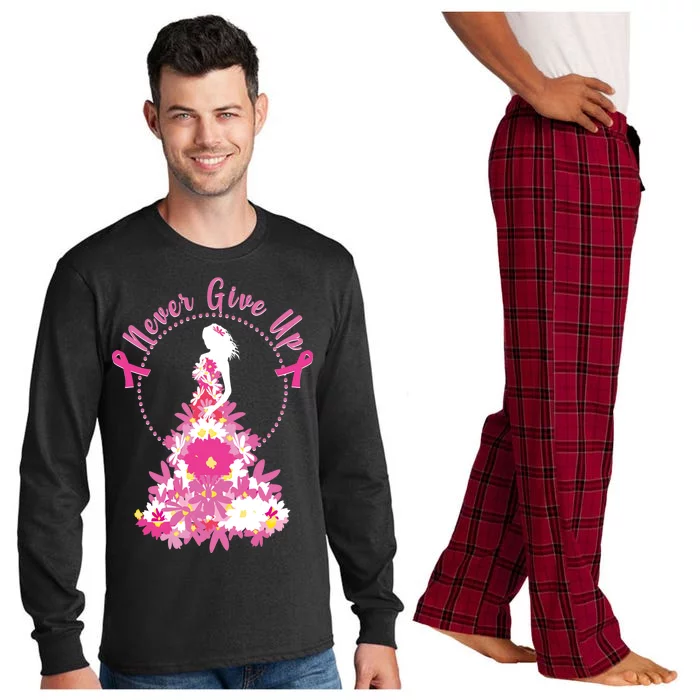 Never Give Up Breast Cancer Awareness Floral Long Sleeve Pajama Set