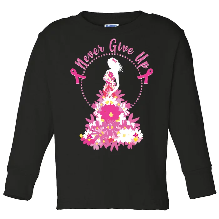 Never Give Up Breast Cancer Awareness Floral Toddler Long Sleeve Shirt