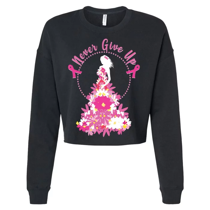 Never Give Up Breast Cancer Awareness Floral Cropped Pullover Crew