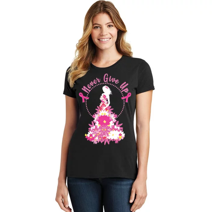 Never Give Up Breast Cancer Awareness Floral Women's T-Shirt