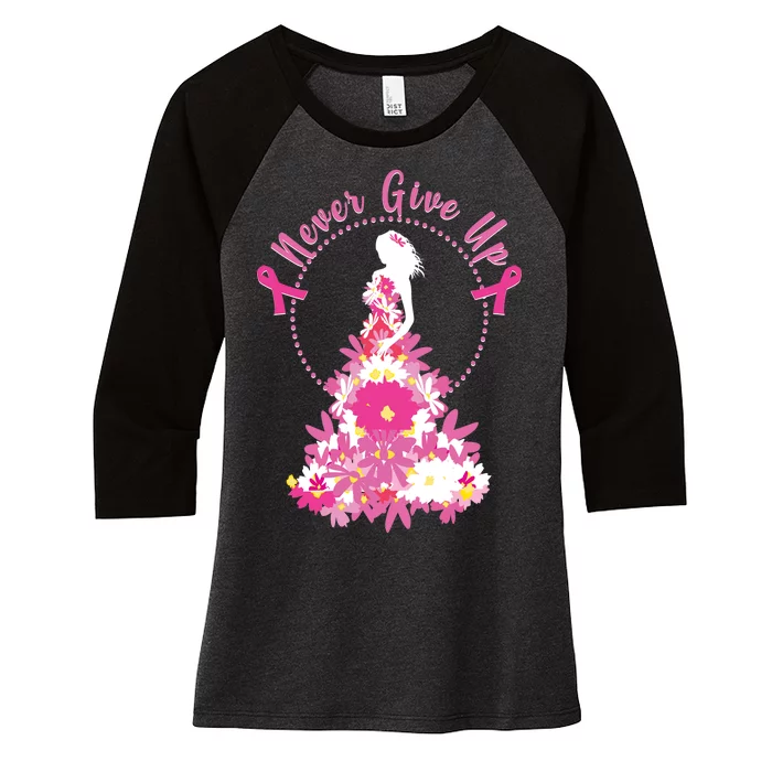 Never Give Up Breast Cancer Awareness Floral Women's Tri-Blend 3/4-Sleeve Raglan Shirt