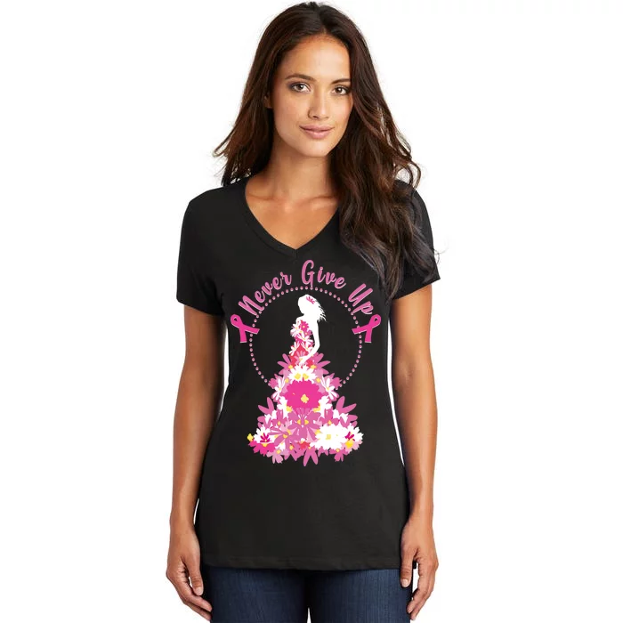 Never Give Up Breast Cancer Awareness Floral Women's V-Neck T-Shirt