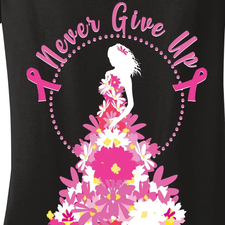 Never Give Up Breast Cancer Awareness Floral Women's V-Neck T-Shirt