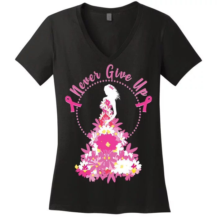 Never Give Up Breast Cancer Awareness Floral Women's V-Neck T-Shirt