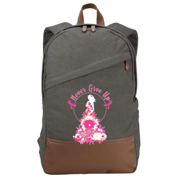 Never Give Up Breast Cancer Awareness Floral Cotton Canvas Backpack