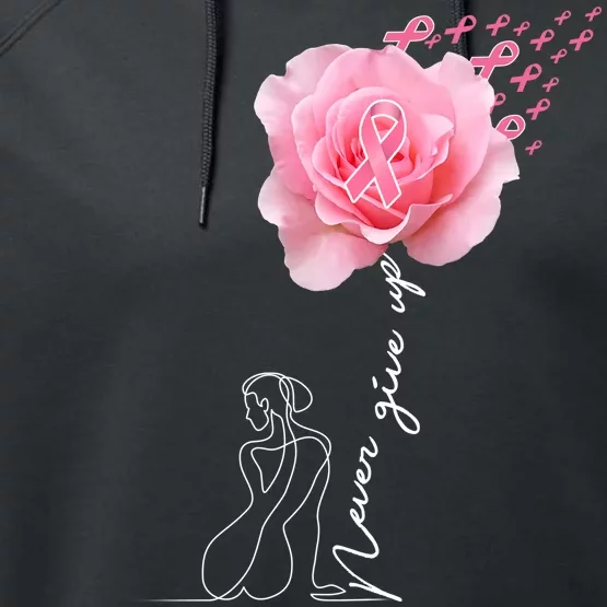 Never Give Up Breast Cancer Rose Performance Fleece Hoodie