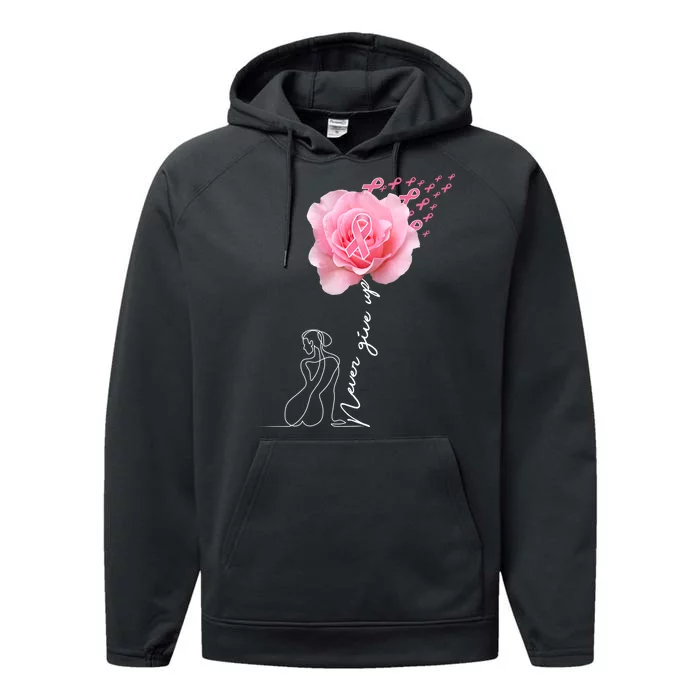 Never Give Up Breast Cancer Rose Performance Fleece Hoodie