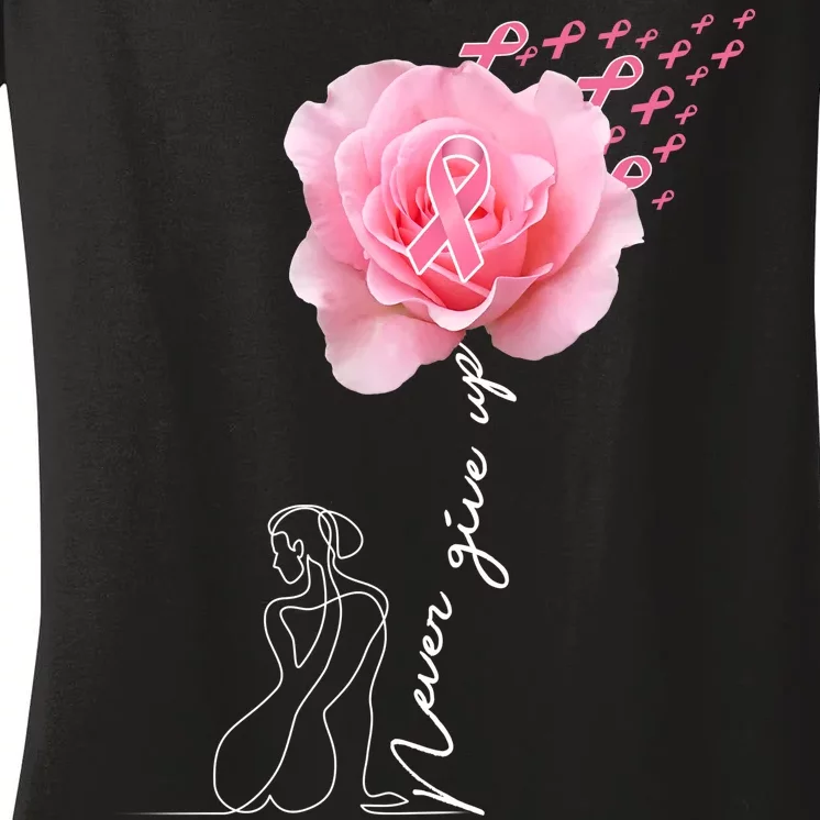 Never Give Up Breast Cancer Rose Women's V-Neck T-Shirt