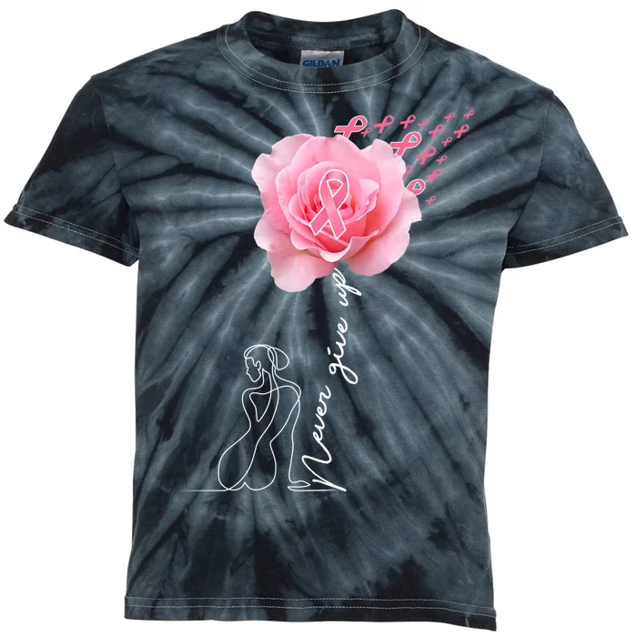 Never Give Up Breast Cancer Rose Kids Tie-Dye T-Shirt