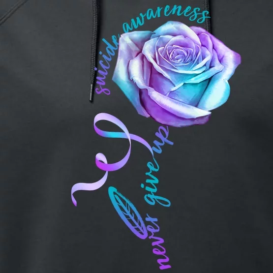 Never Give Up Suicide Awareness Ribbon Rose Performance Fleece Hoodie