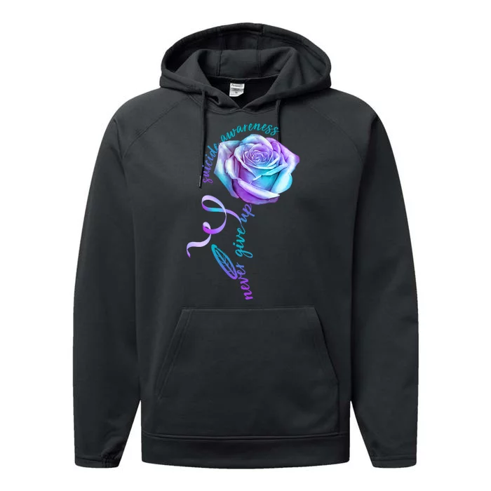 Never Give Up Suicide Awareness Ribbon Rose Performance Fleece Hoodie