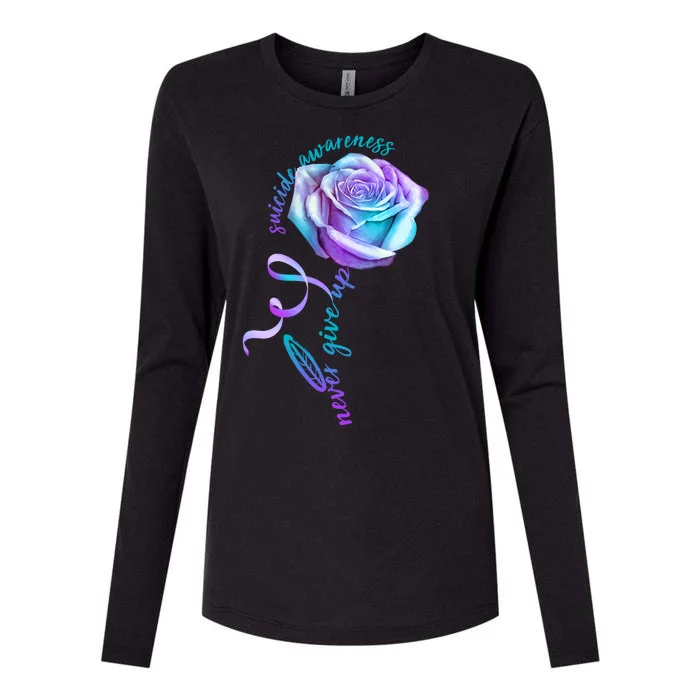 Never Give Up Suicide Awareness Ribbon Rose Womens Cotton Relaxed Long Sleeve T-Shirt