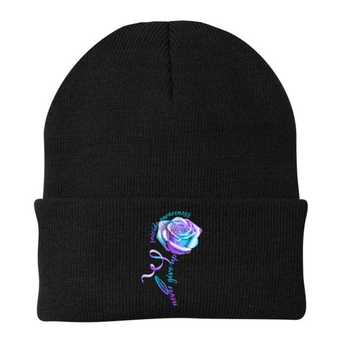 Never Give Up Suicide Awareness Ribbon Rose Knit Cap Winter Beanie