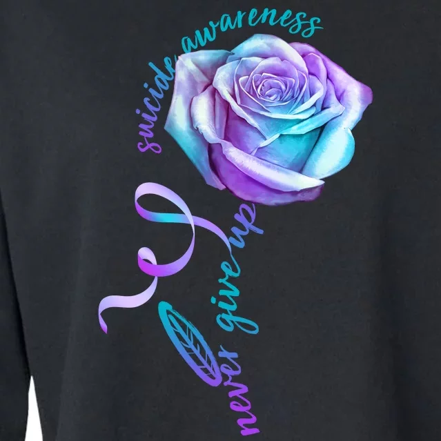 Never Give Up Suicide Awareness Ribbon Rose Cropped Pullover Crew