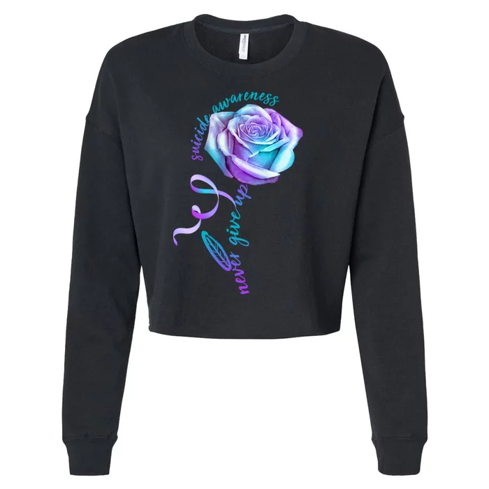 Never Give Up Suicide Awareness Ribbon Rose Cropped Pullover Crew