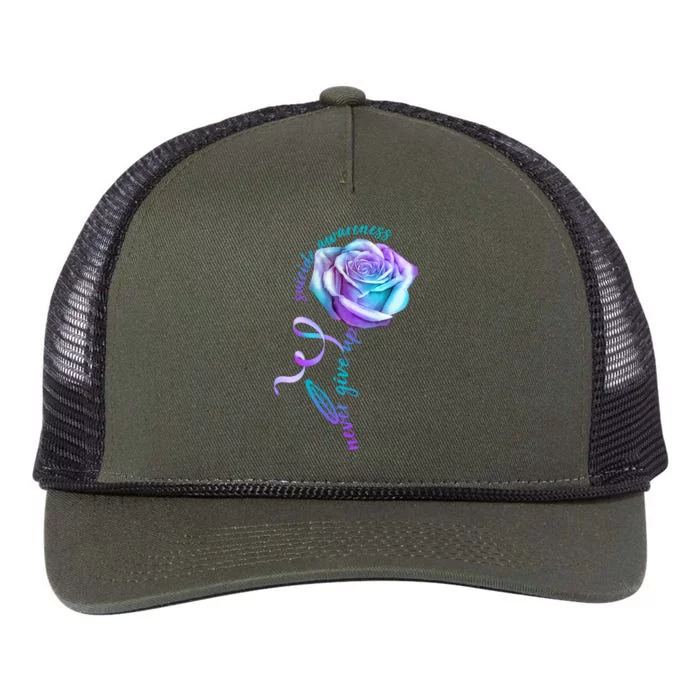 Never Give Up Suicide Awareness Ribbon Rose Retro Rope Trucker Hat Cap