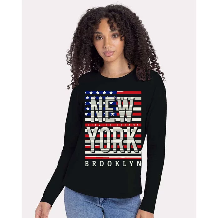 New York - City of Dreams Typography - Brooklyn USA Womens Cotton Relaxed Long Sleeve T-Shirt