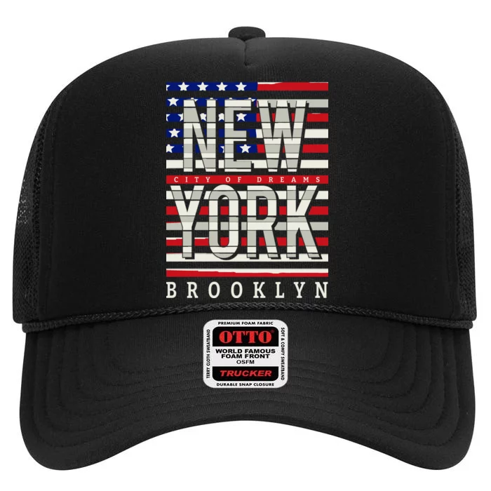 New York - City of Dreams Typography - Brooklyn USA High Crown Mesh Trucker Hat