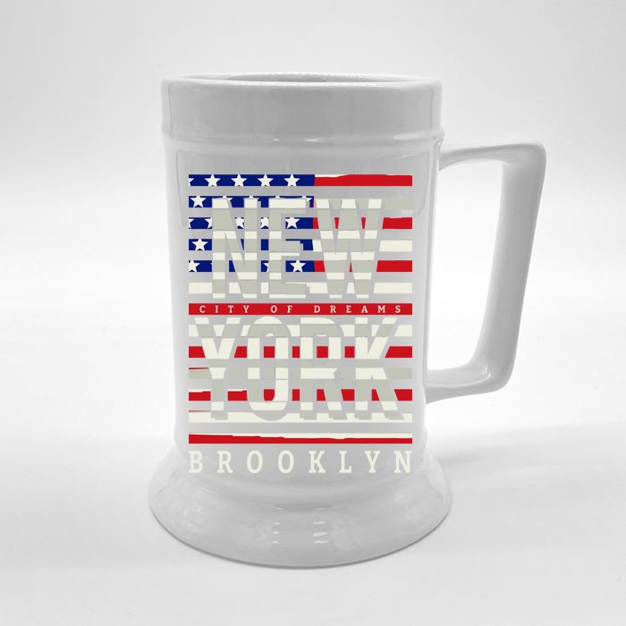 New York - City of Dreams Typography - Brooklyn USA Front & Back Beer Stein