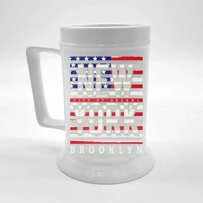 New York - City of Dreams Typography - Brooklyn USA Front & Back Beer Stein