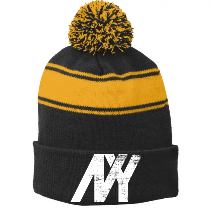 New York NY Grunge Stripe Pom Pom Beanie