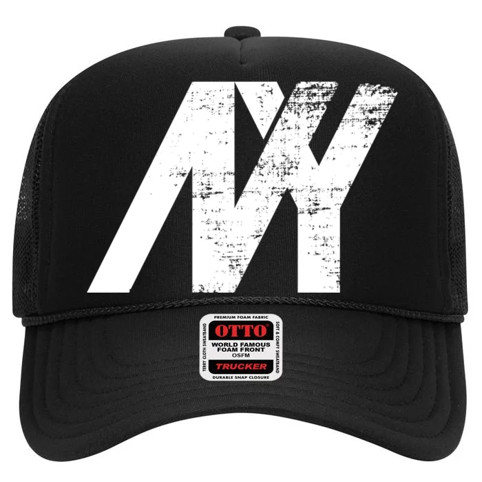 New York NY Grunge High Crown Mesh Trucker Hat