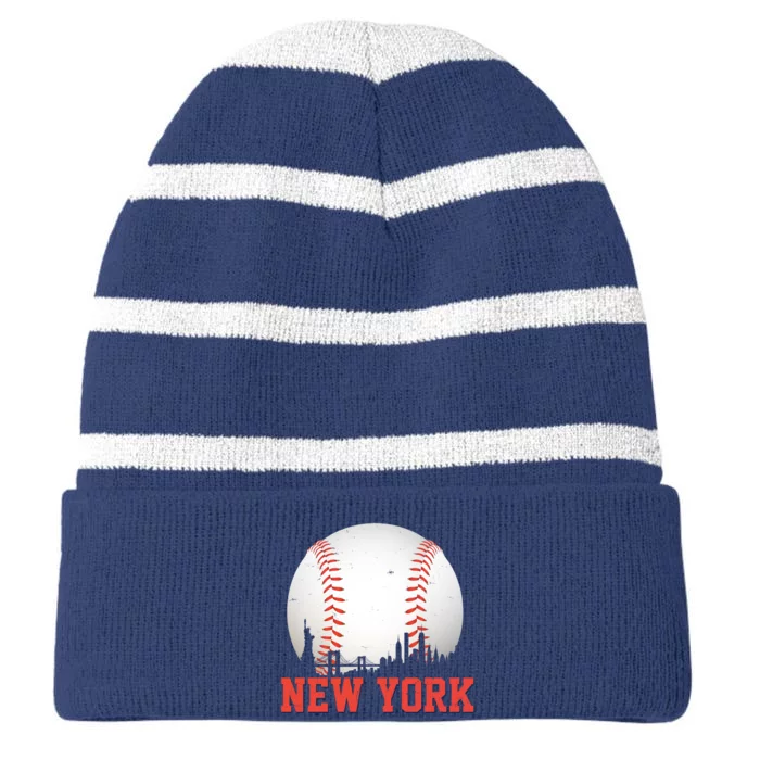 New York Skyline Baseball Sports Fan Striped Beanie with Solid Band