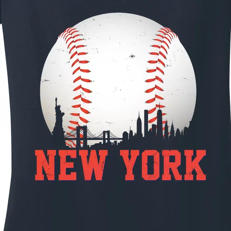 New York Skyline Baseball Sports Fan Women's V-Neck T-Shirt