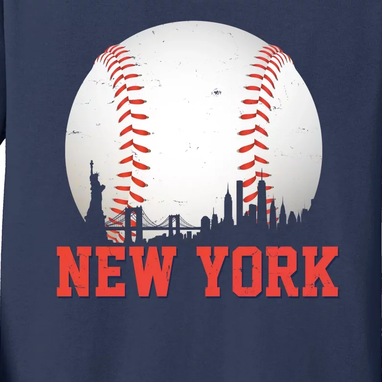 New York Skyline Baseball Sports Fan Kids Long Sleeve Shirt