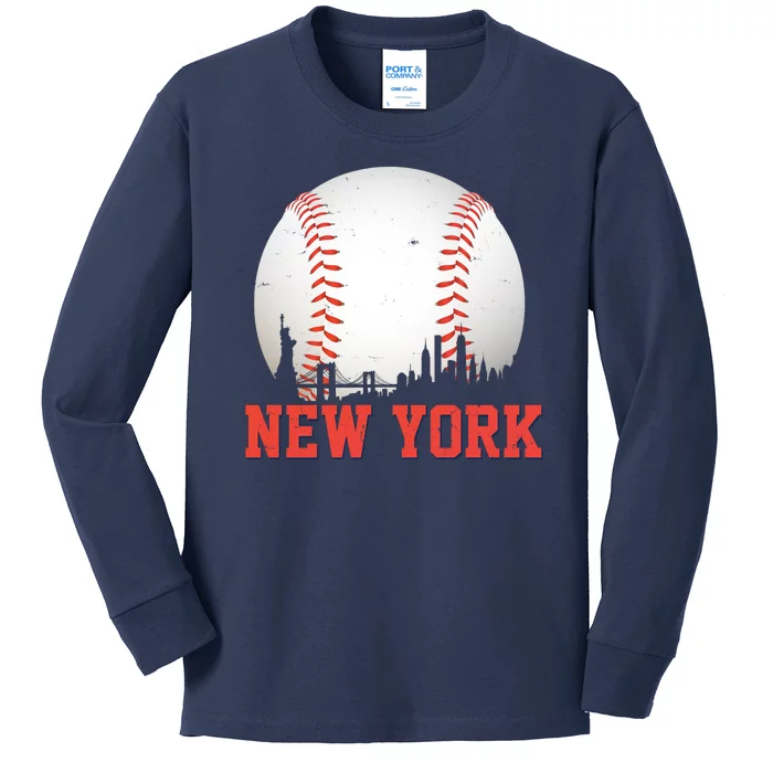 New York Skyline Baseball Sports Fan Kids Long Sleeve Shirt