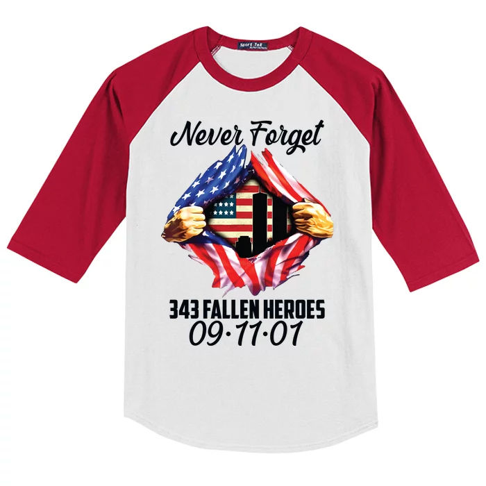 Never Forget 343 Fallen Heroes 091101 September 11 Kids Colorblock Raglan Jersey