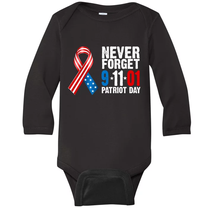 Never Forget 9.11.01 USA Ribbon Patriot Day Baby Long Sleeve Bodysuit