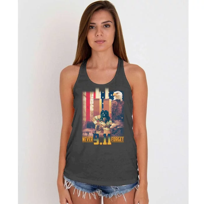 Never Forget 9 11 September 11 Memorial New York City Firefighter Women's Knotted Racerback Tank