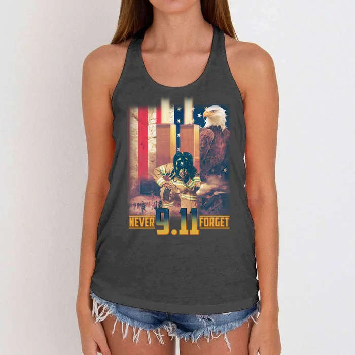 Never Forget 9 11 September 11 Memorial New York City Firefighter Women's Knotted Racerback Tank