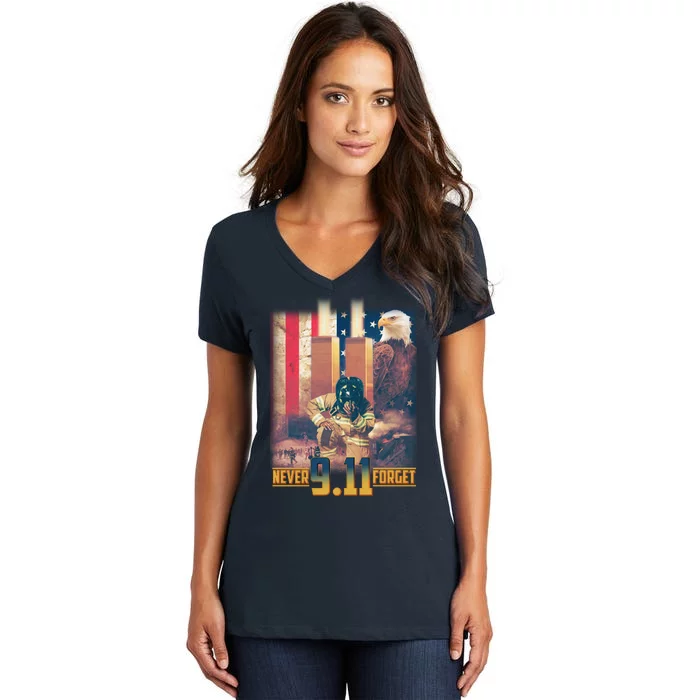 Never Forget 9 11 September 11 Memorial New York City Firefighter Women's V-Neck T-Shirt