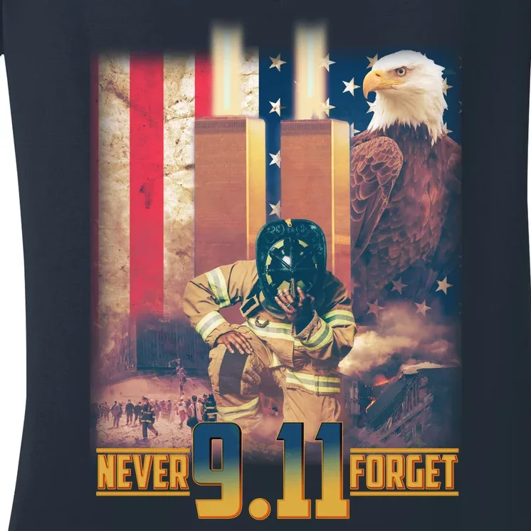 Never Forget 9 11 September 11 Memorial New York City Firefighter Women's V-Neck T-Shirt