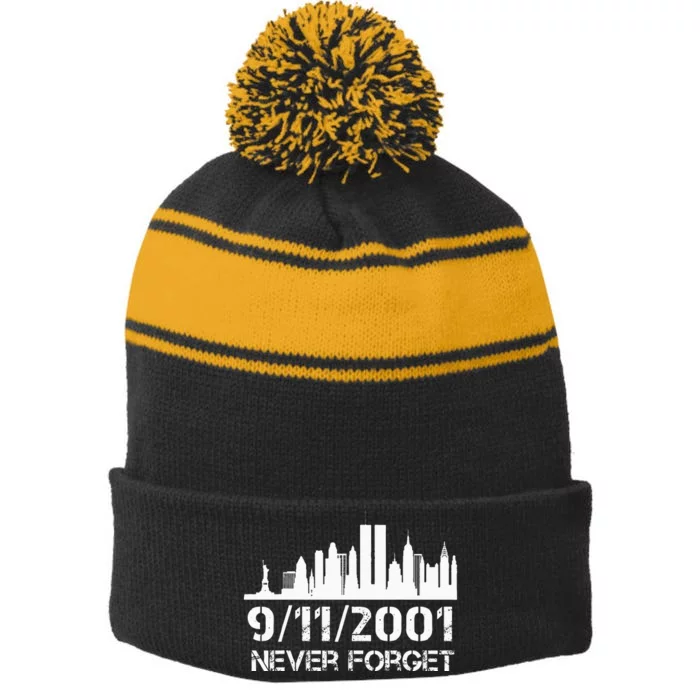 Never Forget 911 20th Anniversary Patriot Memorial Day Stripe Pom Pom Beanie