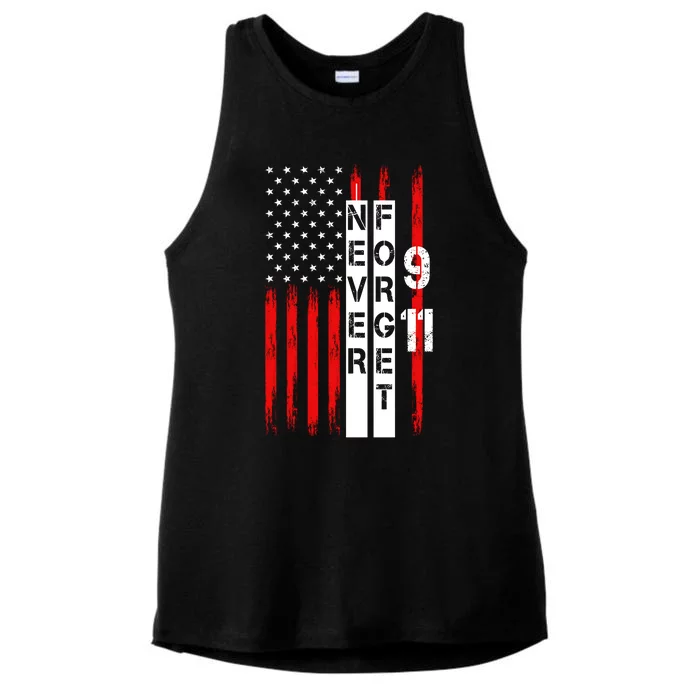 Never Forget 9 11 Nine Eleven Memorial Distressed US American Flag Ladies Tri-Blend Wicking Tank