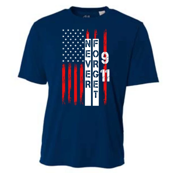 Never Forget 9 11 Nine Eleven Memorial Distressed US American Flag Cooling Performance Crew T-Shirt