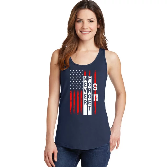 Never Forget 9 11 Nine Eleven Memorial Distressed US American Flag Ladies Essential Tank