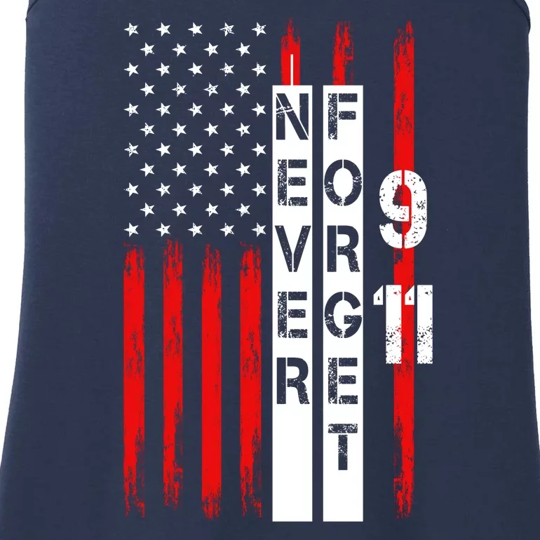 Never Forget 9 11 Nine Eleven Memorial Distressed US American Flag Ladies Essential Tank