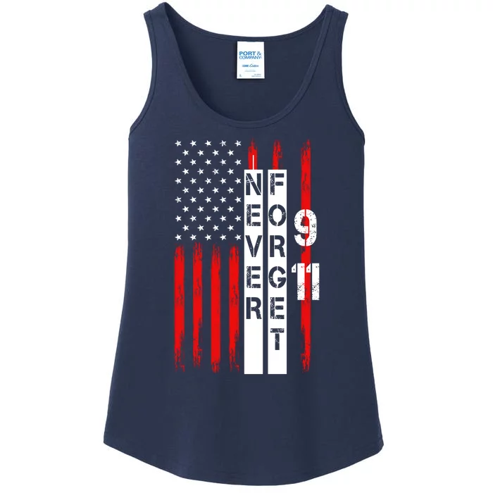 Never Forget 9 11 Nine Eleven Memorial Distressed US American Flag Ladies Essential Tank