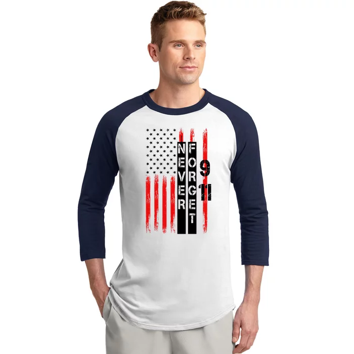 Never Forget 9 11 Nine Eleven Memorial Distressed US American Flag Baseball Sleeve Shirt