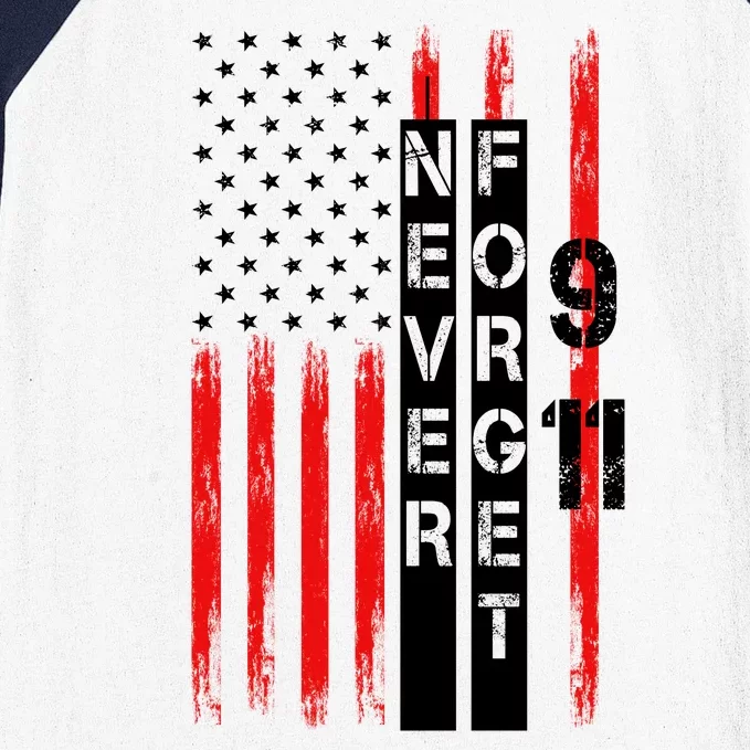 Never Forget 9 11 Nine Eleven Memorial Distressed US American Flag Baseball Sleeve Shirt