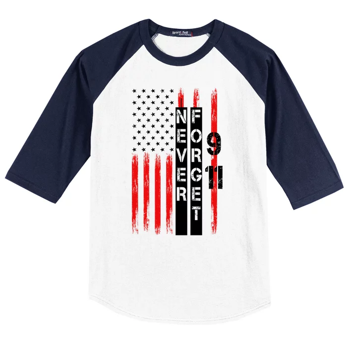 Never Forget 9 11 Nine Eleven Memorial Distressed US American Flag Baseball Sleeve Shirt