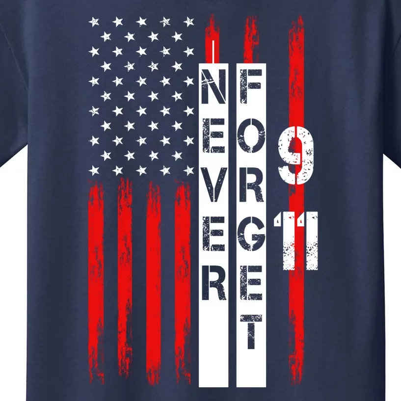 Never Forget 9 11 Nine Eleven Memorial Distressed US American Flag Kids T-Shirt