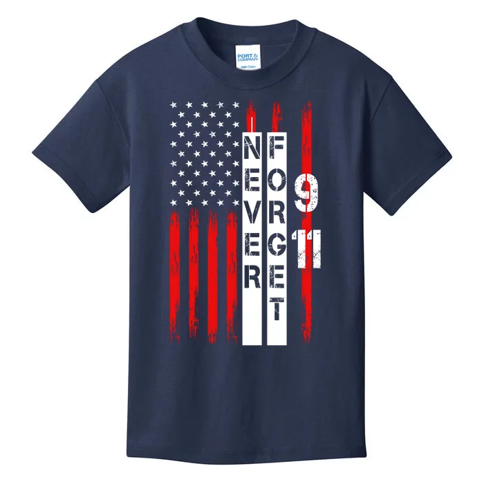 Never Forget 9 11 Nine Eleven Memorial Distressed US American Flag Kids T-Shirt