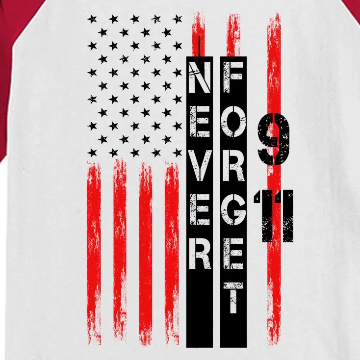 Never Forget 9 11 Nine Eleven Memorial Distressed US American Flag Kids Colorblock Raglan Jersey