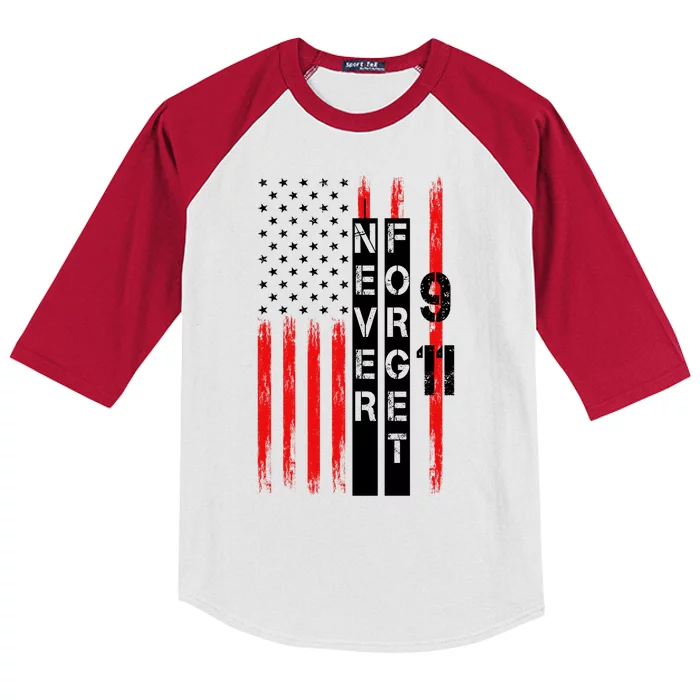 Never Forget 9 11 Nine Eleven Memorial Distressed US American Flag Kids Colorblock Raglan Jersey