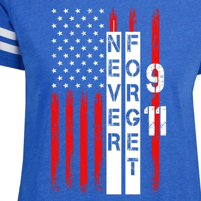 Never Forget 9 11 Nine Eleven Memorial Distressed US American Flag Enza Ladies Jersey Football T-Shirt